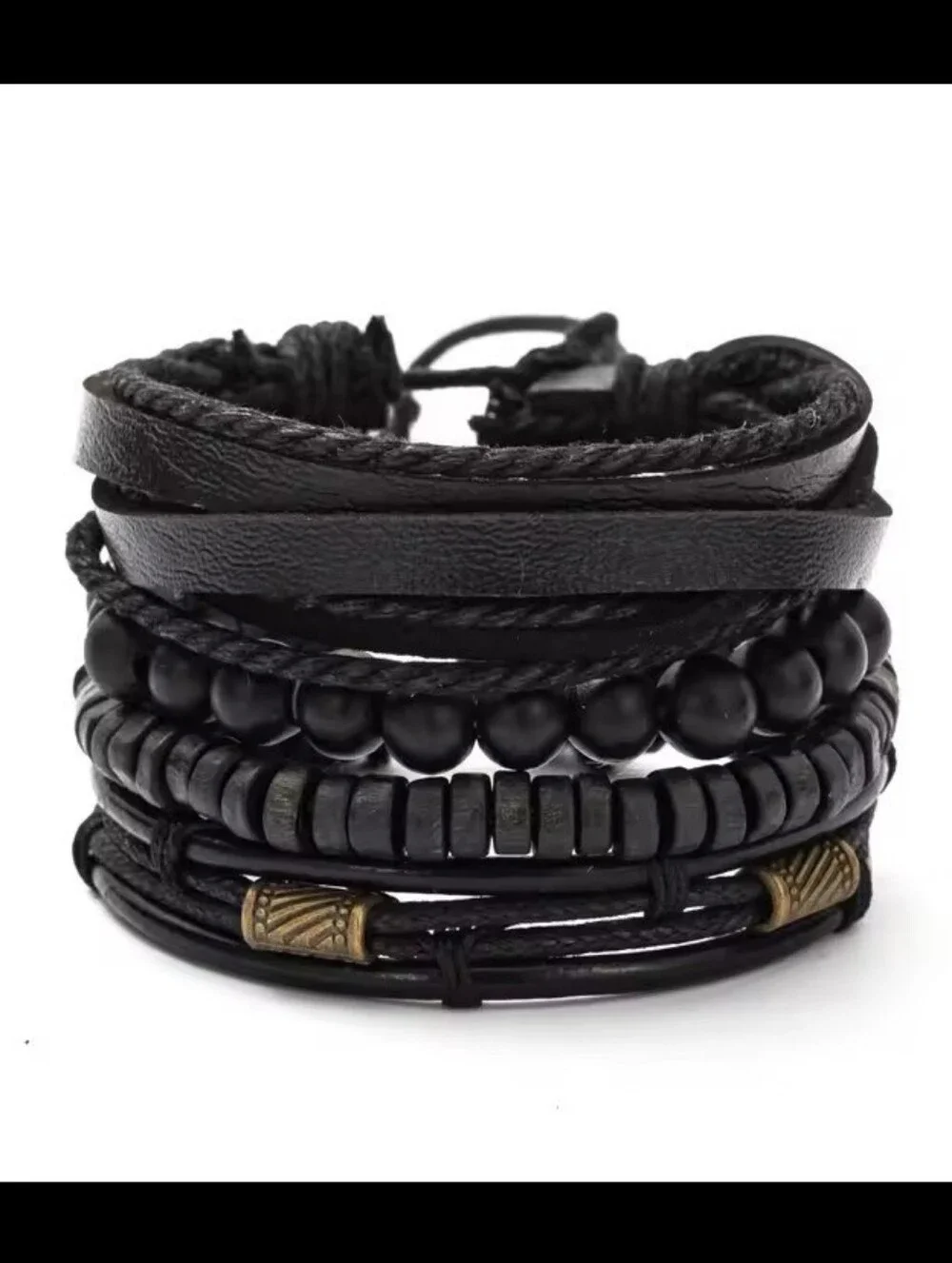 Men's Black Layered Leather & Bead‎ Bracelet Stack Jewelry G14